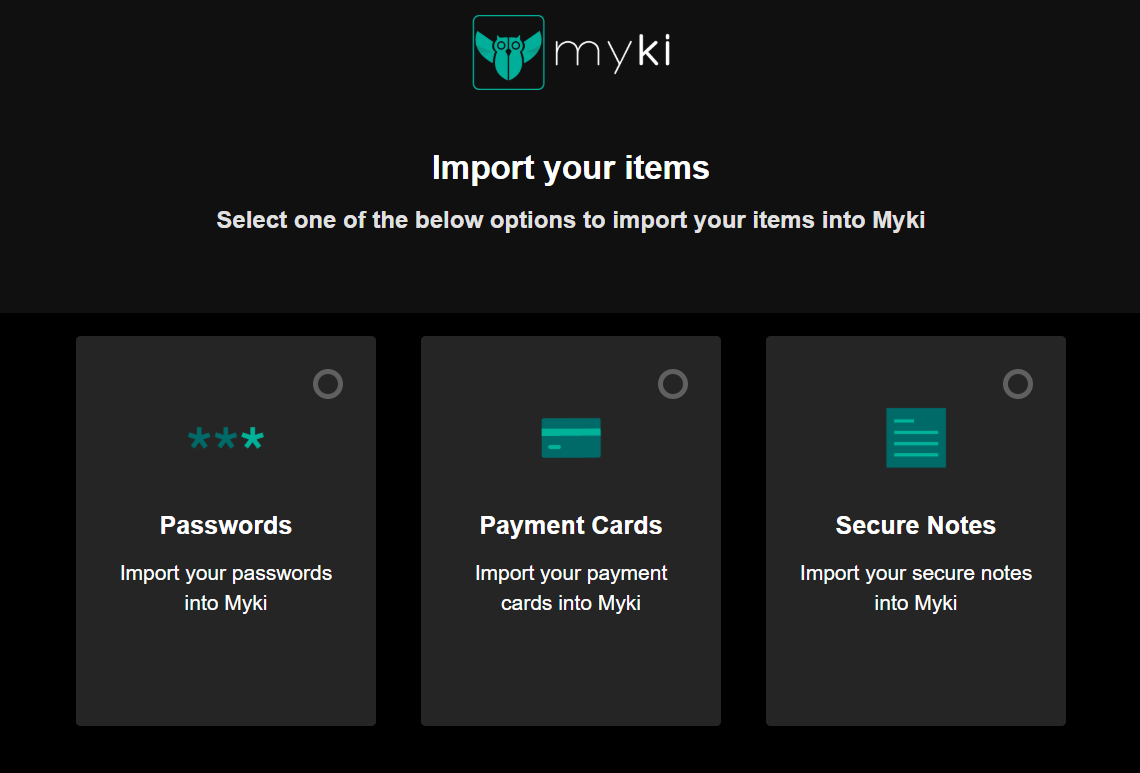پنجره موارد وارد کردن Myki