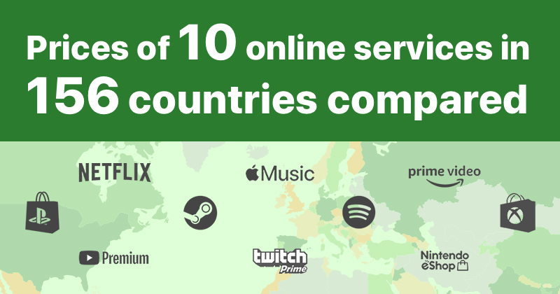 Prices of 10 online services in 156 countries compared